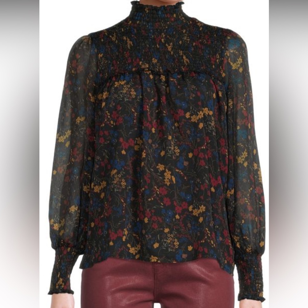 Laundry by Shelli Segal Floral Smocked Blouse High Neck